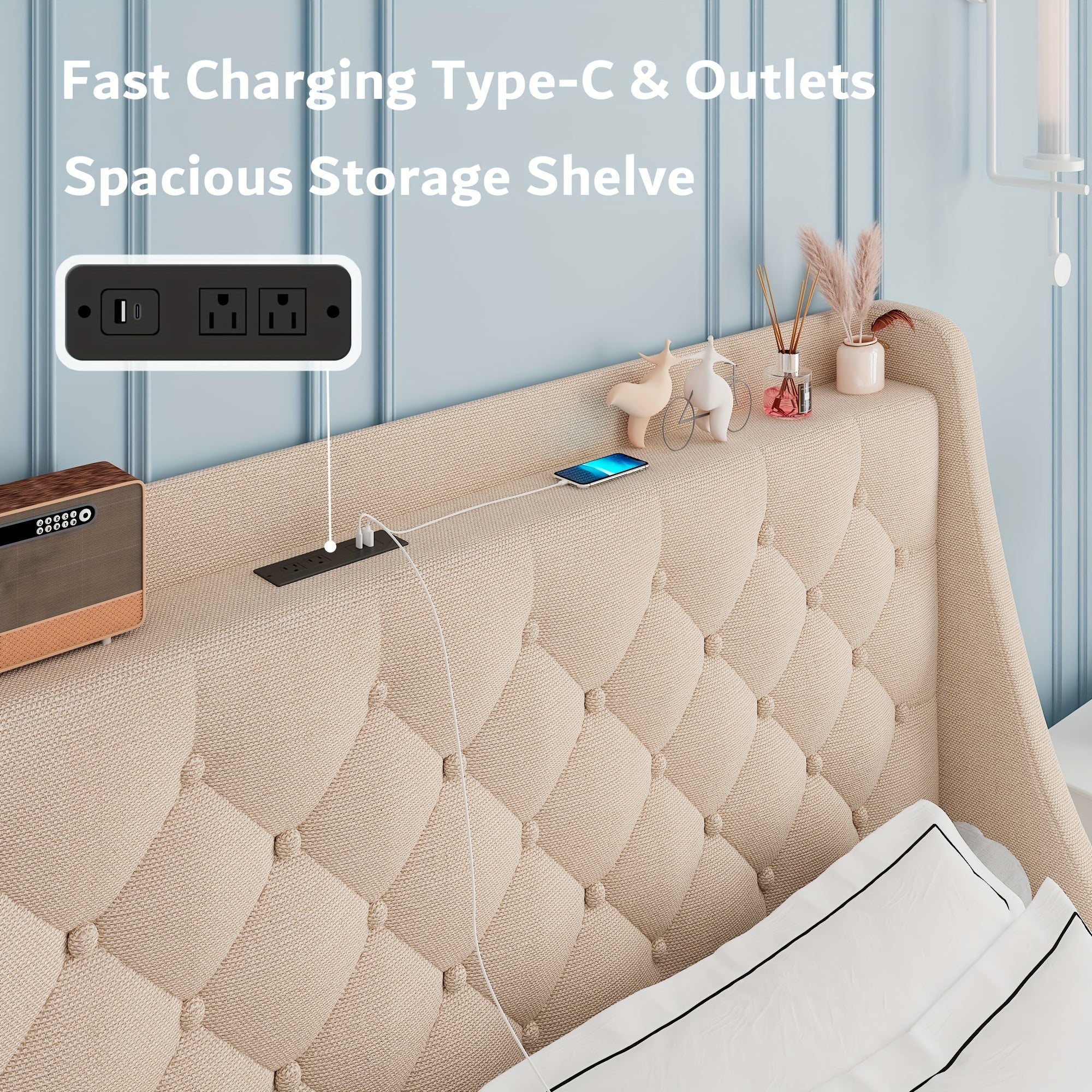 Halence Bed Frame With Charging Station, With Linen Fabric Storage Headboard, Storage Drawers On Both Sides, Solid Wood Slats Support