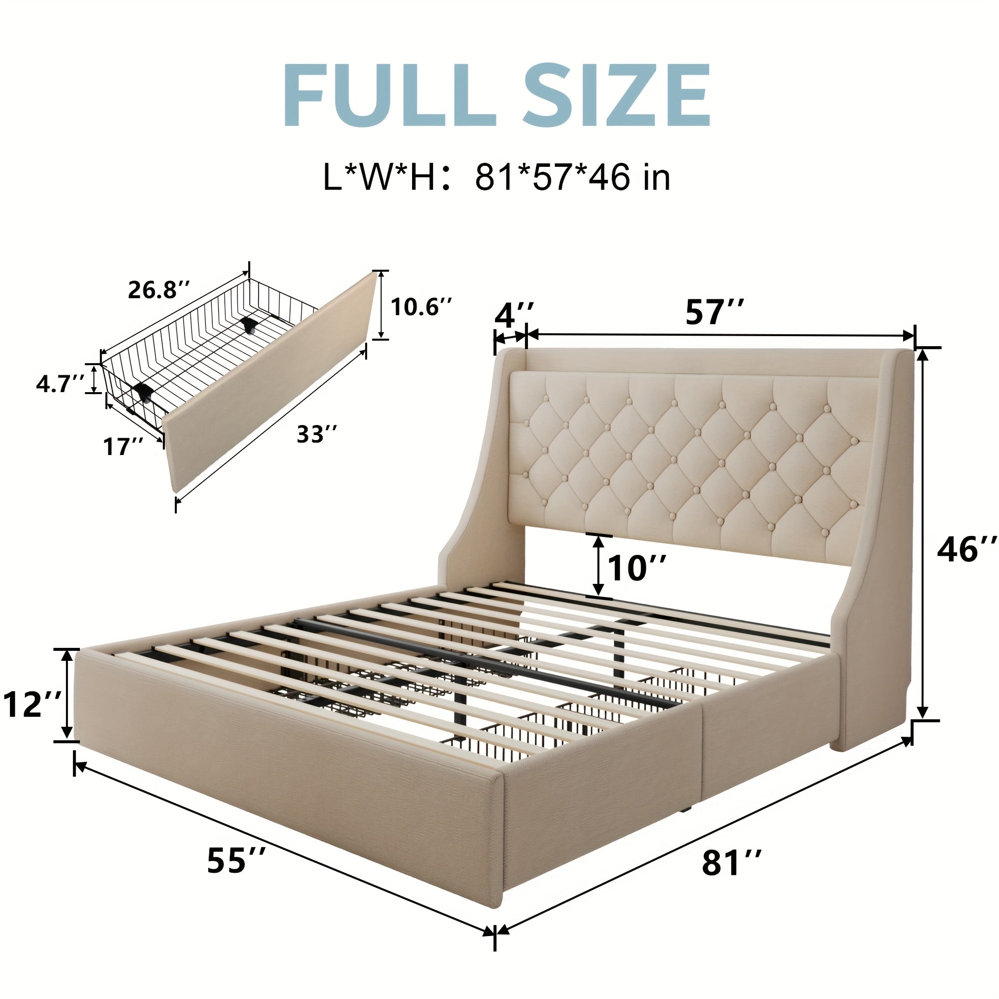 Halence Bed Frame With Charging Station, With Linen Fabric Storage Headboard, Storage Drawers On Both Sides, Solid Wood Slats Support