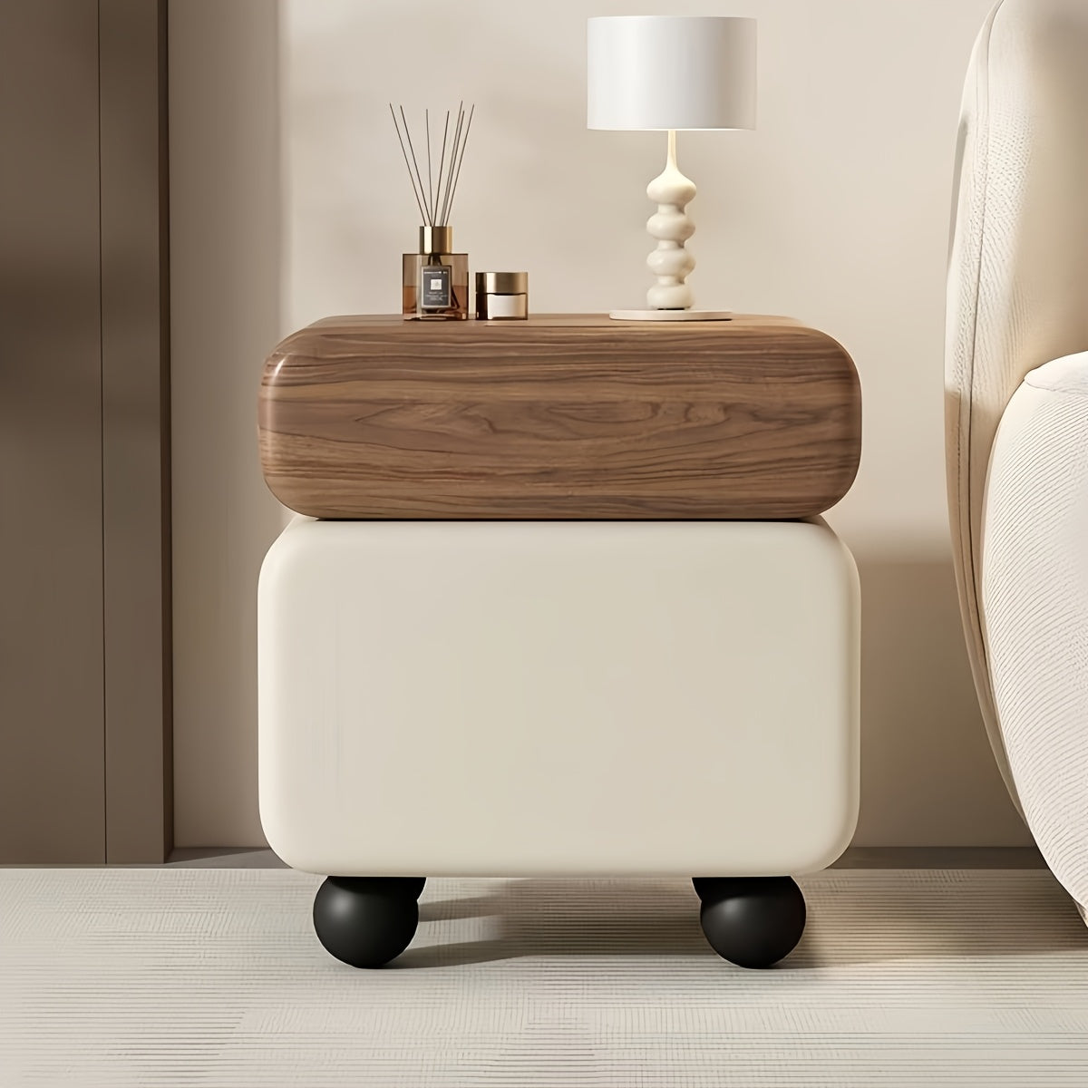 Mibai Solid Wood Leather-Wrapped Nightstand with Two Drawers - Sleek Design, Ready to Use, Ideal for Bedroom Organization, Easy Storage Option | Curved Drawer Style | Practical Furniture, Bedroom Storage And