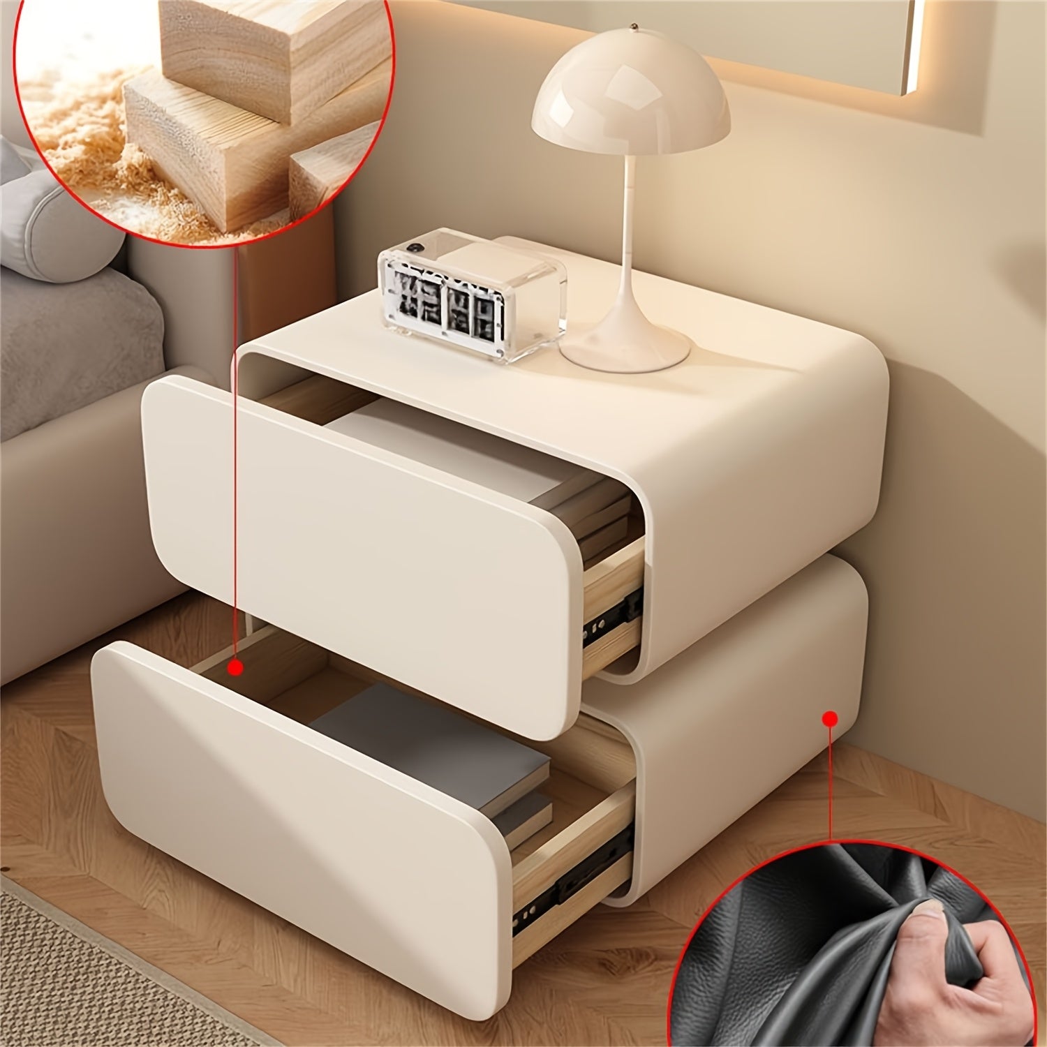 Modern Minimalist Bedside Table - with 2 Drawers Microfiber Leather Storage Side Table, Silent Slide, Suitable for Bedroom Living Room, Bedside Storage Solution, Living Room Side Table, Storage End Table, Sleek Silhouette Furniture, Clean Line