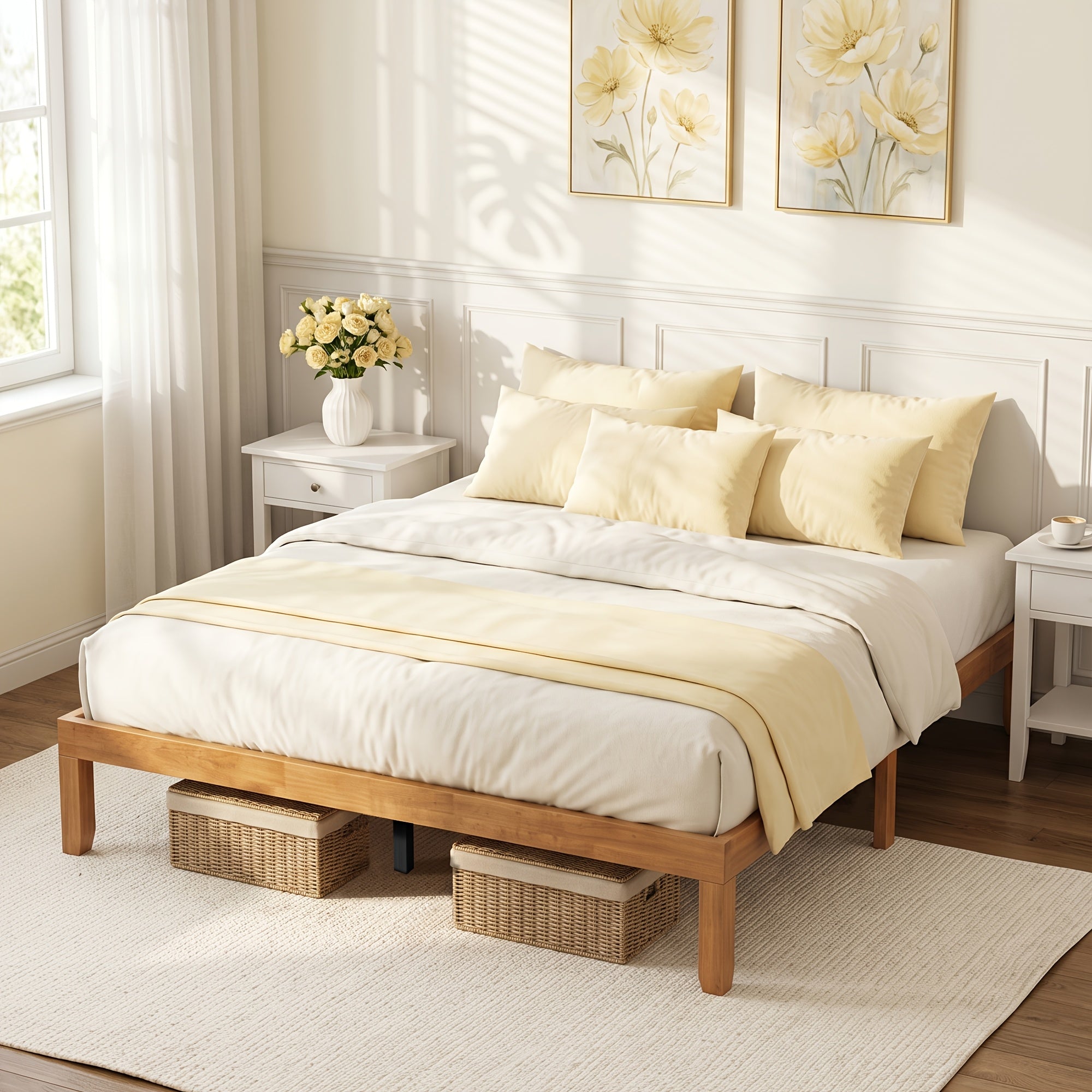 Queen Size Wooden Bed Frame, Vintage Bed Frame with Under Bed Storage Space, No Box Spring Needed, Strong Wooden Slat Support, Easy Assembly Bedroom Furniture, Natural (Queen)