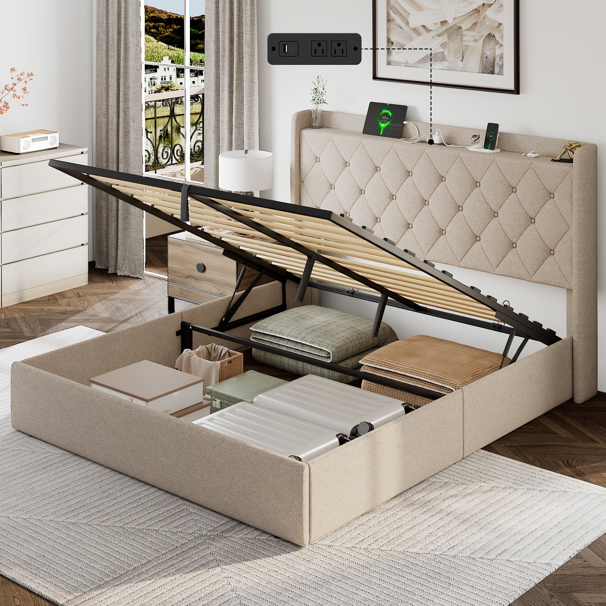 Lift Up Storage Bed Frame with Fast Charging Station & USB & Type-C Ports, Platform Beds with Tufted Wingback Headboard, Solid Wood Slats Support