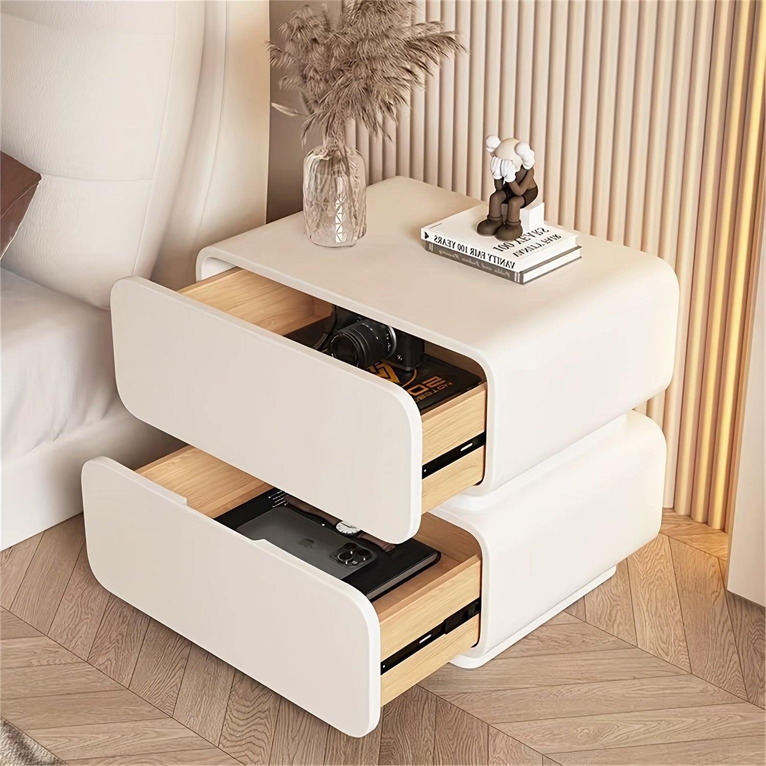 All Solid Wood Bedside Storage Cabinet Cream Leather Storage Cabinet Double Suction Free Installation Bedside Cabinet