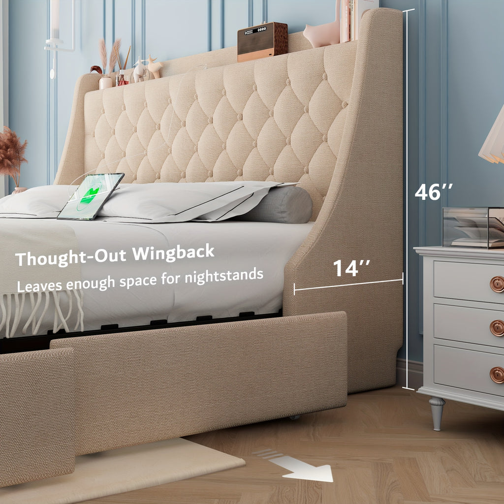 Halence Bed Frame With Charging Station, With Linen Fabric Storage Headboard, Storage Drawers On Both Sides, Solid Wood Slats Support