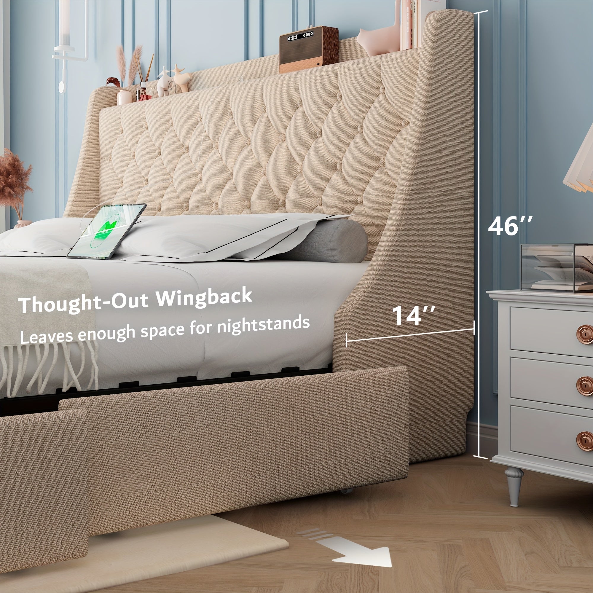 Halence Bed Frame With Charging Station, With Linen Fabric Storage Headboard, Storage Drawers On Both Sides, Solid Wood Slats Support