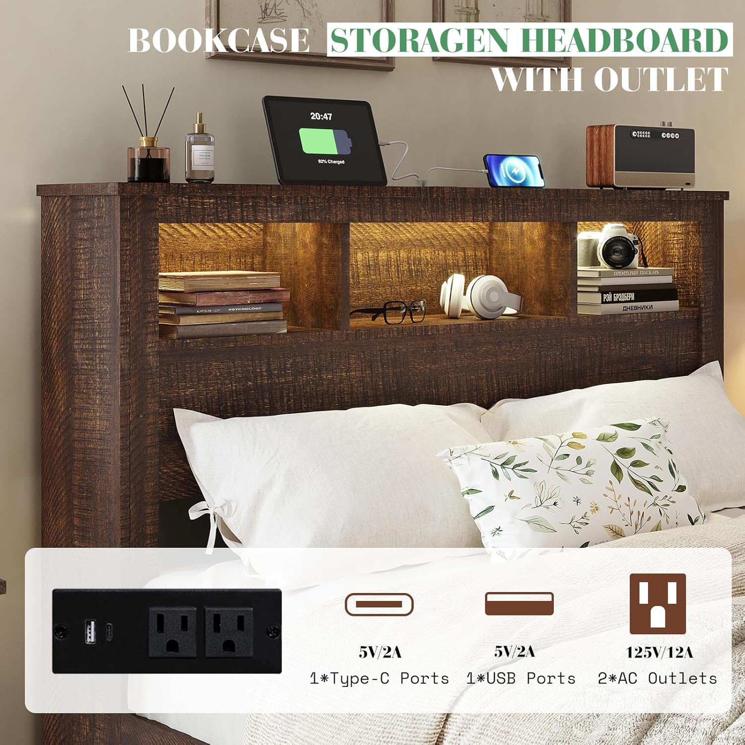 Farmhouse Bed Frame with Storage Bookcase Headboard And Footboard, Storage Wood Platform Bed Frame with Wood Slats Support, Noiseless LED Bed Frame, No Box Spring Needed