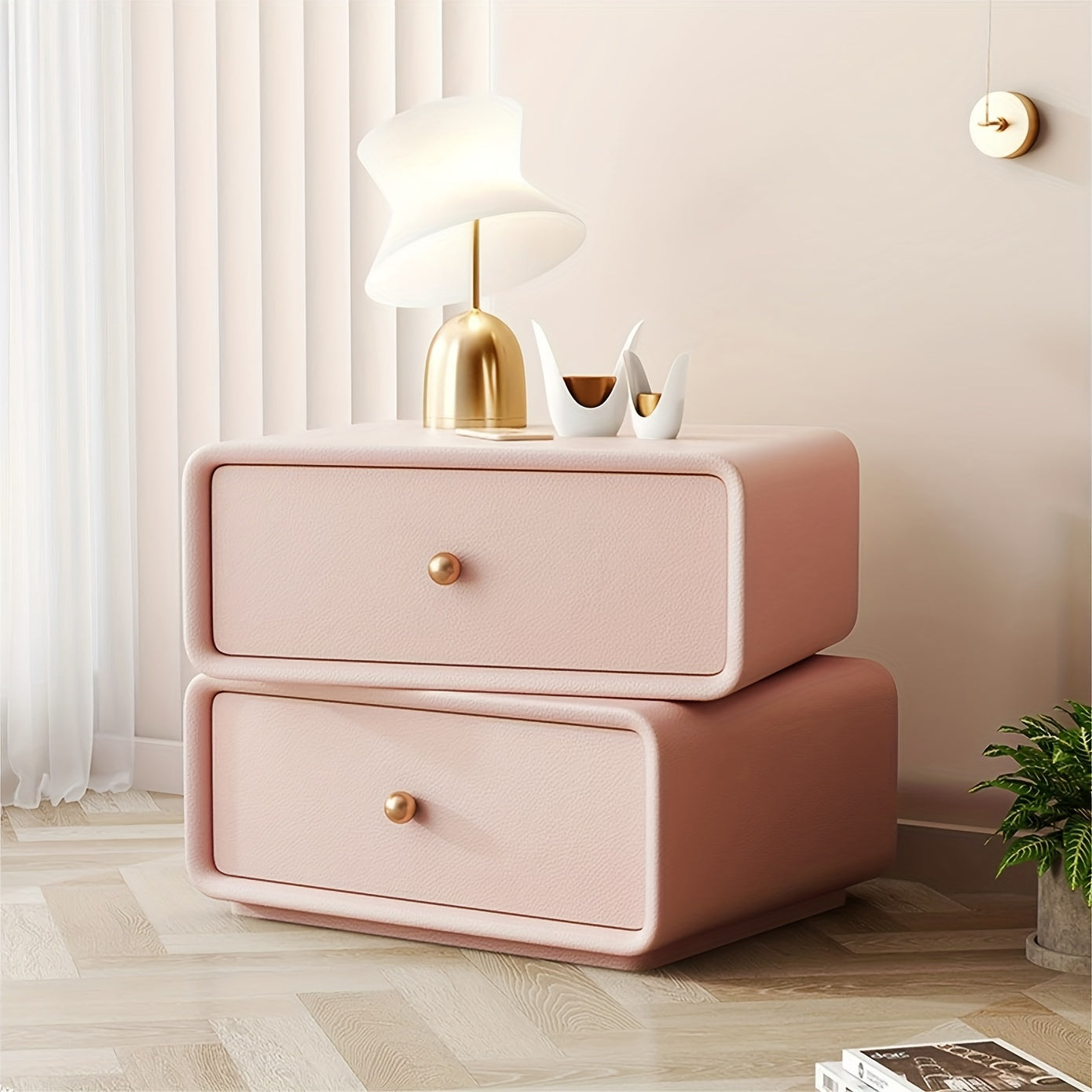 Light Luxury Double-layer Rotating Bedroom Bedside Table, Cream Style Leather Faced Solid Wood Storage Cabinet