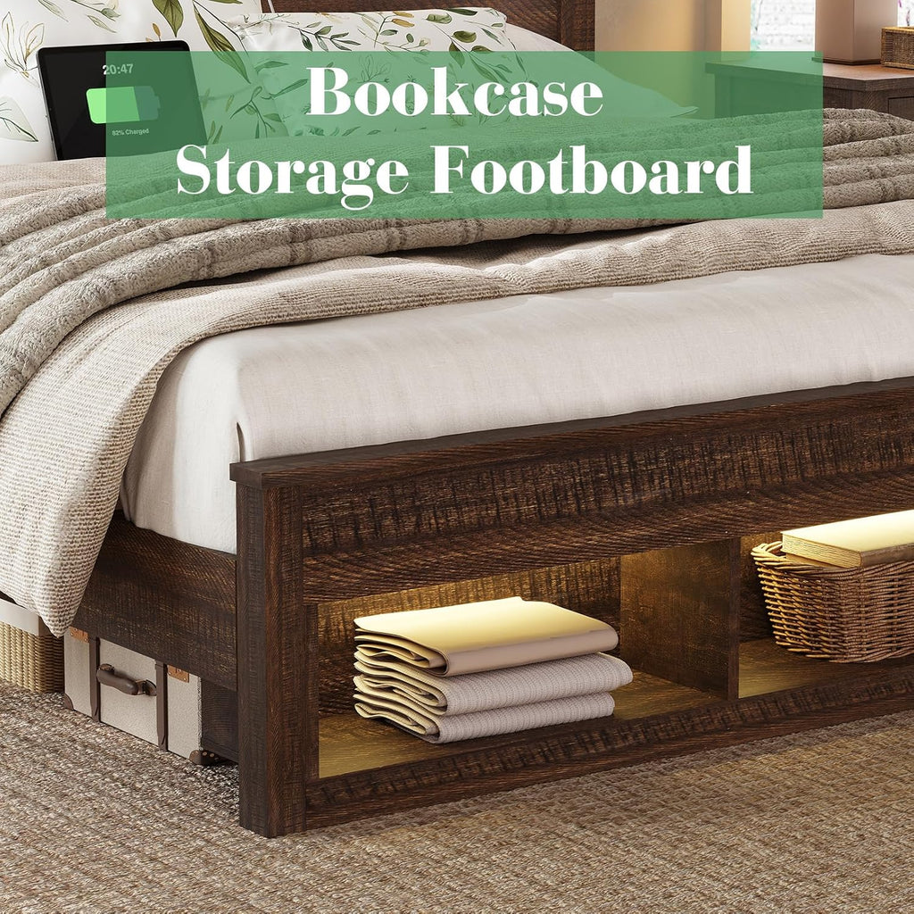 Farmhouse Bed Frame with Storage Bookcase Headboard And Footboard, Storage Wood Platform Bed Frame with Wood Slats Support, Noiseless LED Bed Frame, No Box Spring Needed