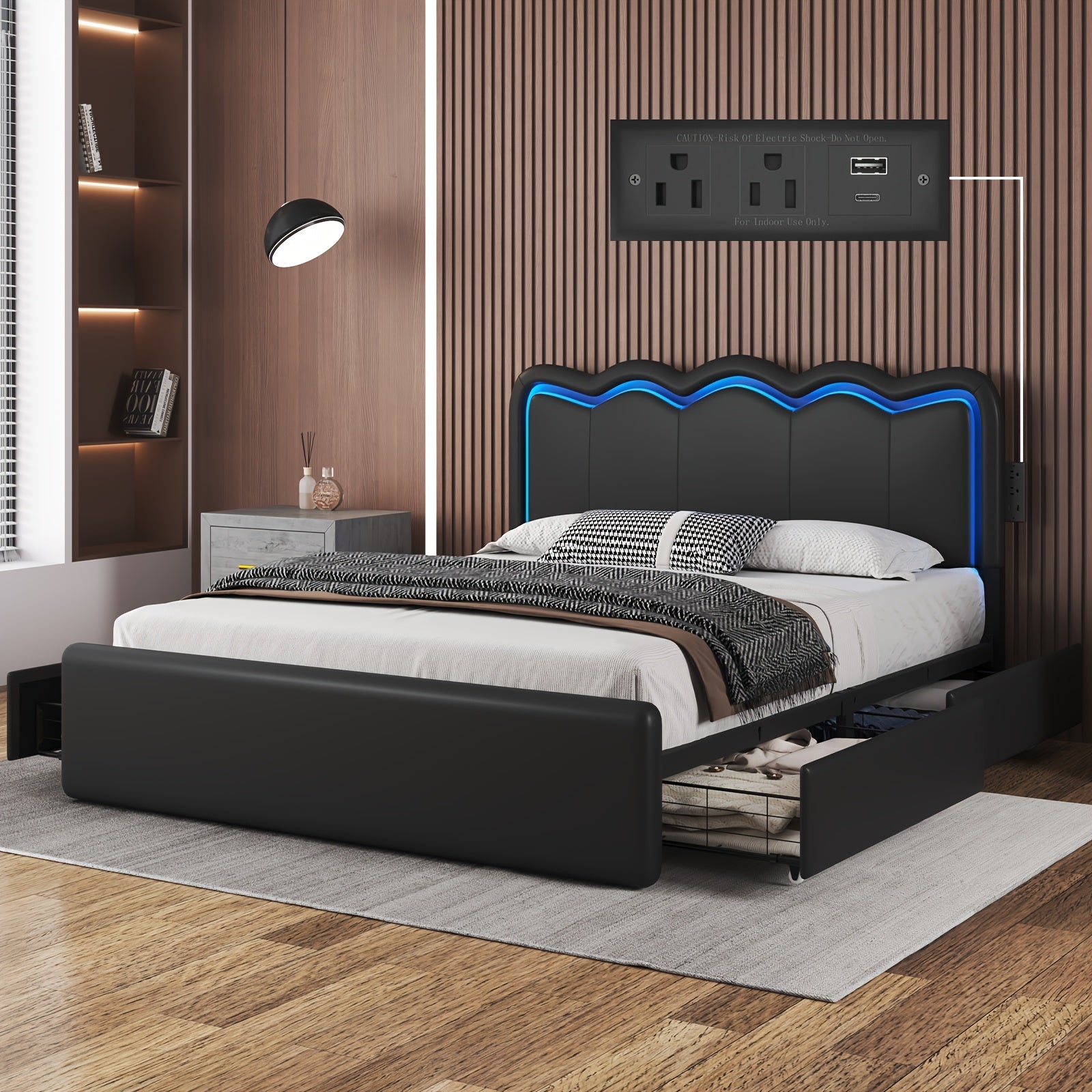 Upholstered Platform Bed Frame with 4 Storage Drawers And Adjustable Headboard, Full\u002FQueen Size Bed Frame with LED Lights And Charging Station, Strong Metal Slats Support, No Box Spring Needed, Easy Assembly, Black\u002FWhite