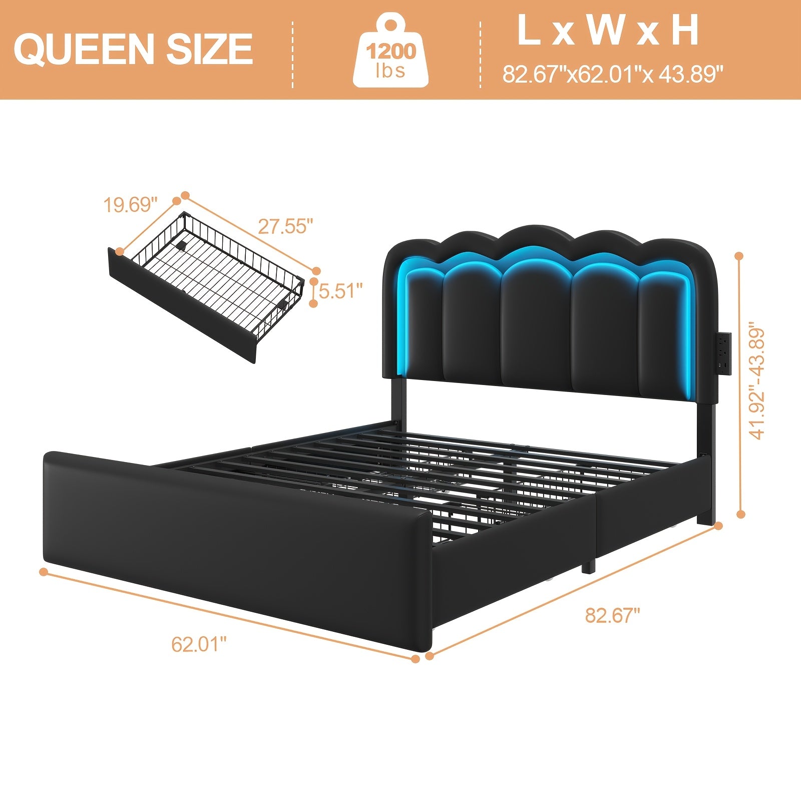 Upholstered Platform Bed Frame with 4 Storage Drawers And Adjustable Headboard, Full\u002FQueen Size Bed Frame with LED Lights And Charging Station, Strong Metal Slats Support, No Box Spring Needed, Easy Assembly, Black\u002FWhite