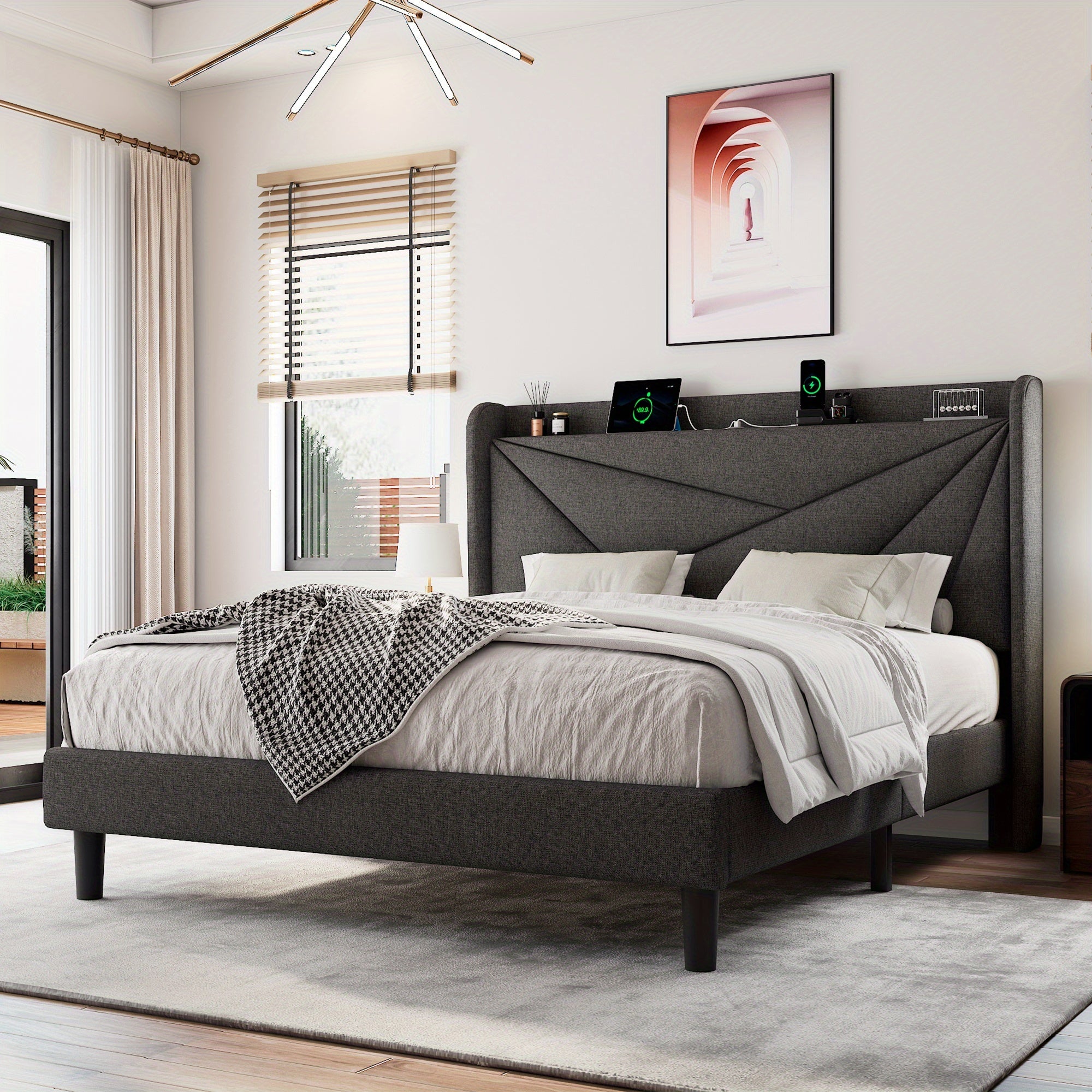 Halence Bed Frame With 8-inch High Under-bed Storage Space, Easy-to-assemble Modern-style Platform Bed, Geometric Linen\u002Fvelvet Storage Headboard Design, Built-In Charging Station, Bed Frame Without Mattress