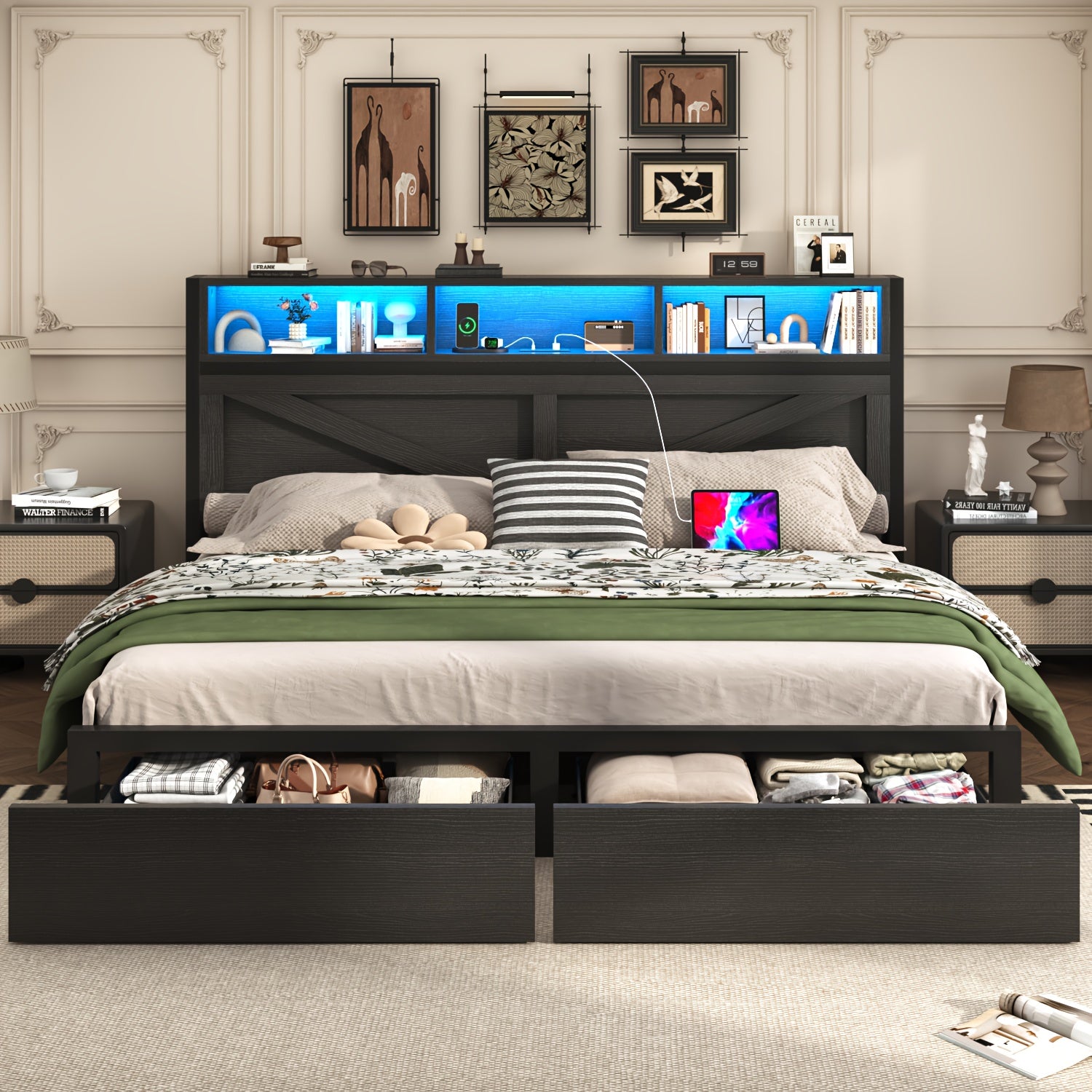 Farmhouse Bed Frame with Storage Headboard, LED Lights, Charging Station and 2 Drawers, Arrow Design, No Box Spring Needed, Rustic Brown