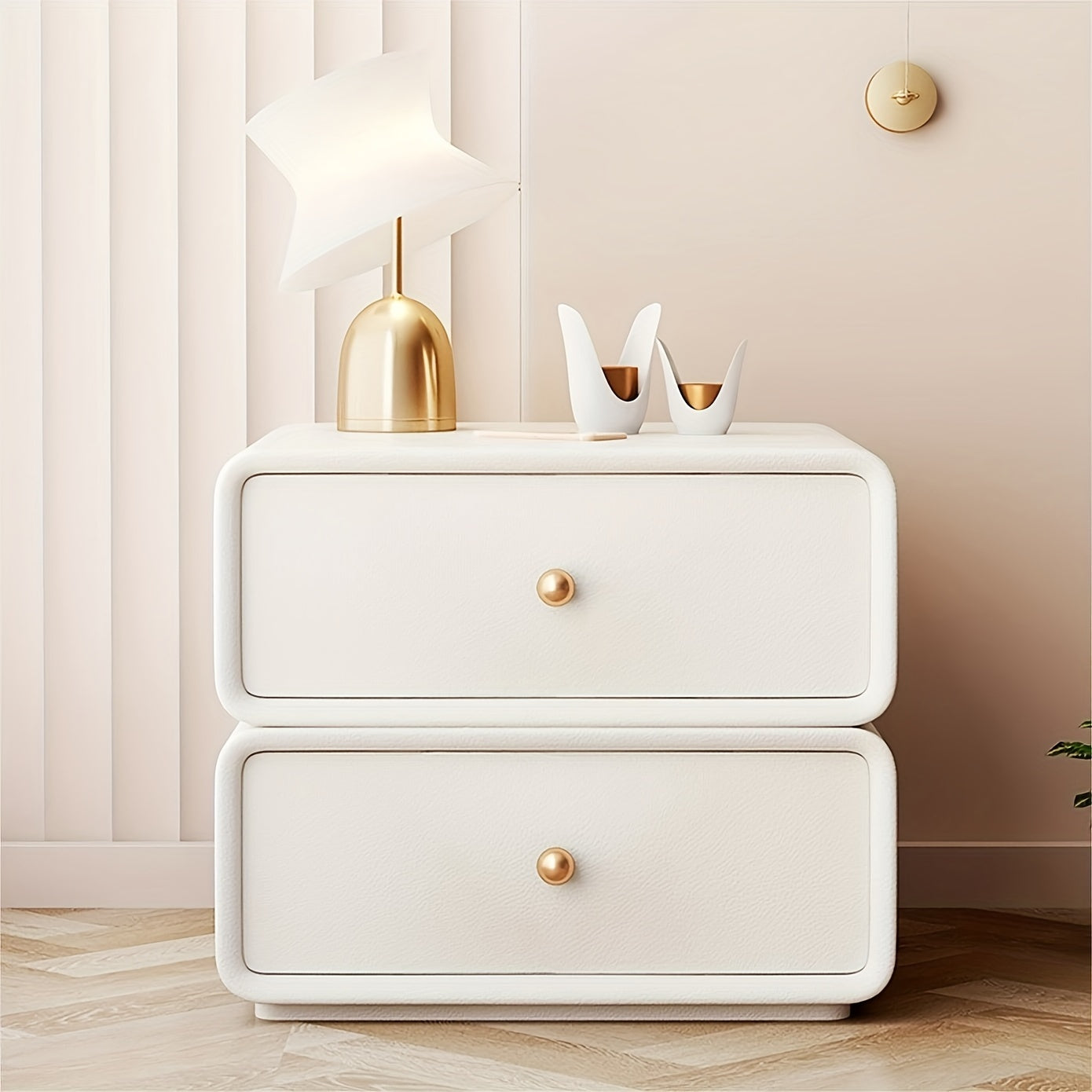 Light Luxury Double-layer Rotating Bedroom Bedside Table, Cream Style Leather Faced Solid Wood Storage Cabinet