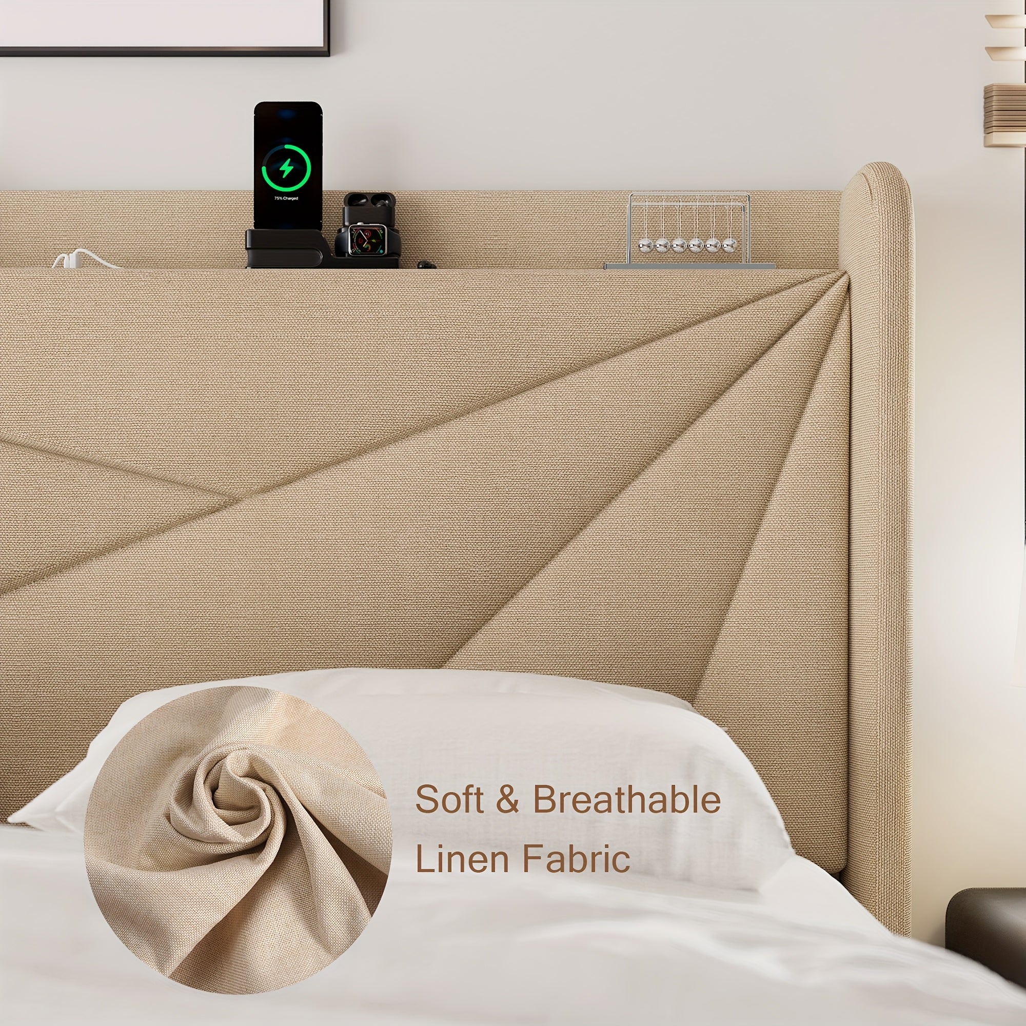 Halence Bed Frame With 8-inch High Under-bed Storage Space, Easy-to-assemble Modern-style Platform Bed, Geometric Linen\u002Fvelvet Storage Headboard Design, Built-In Charging Station, Bed Frame Without Mattress