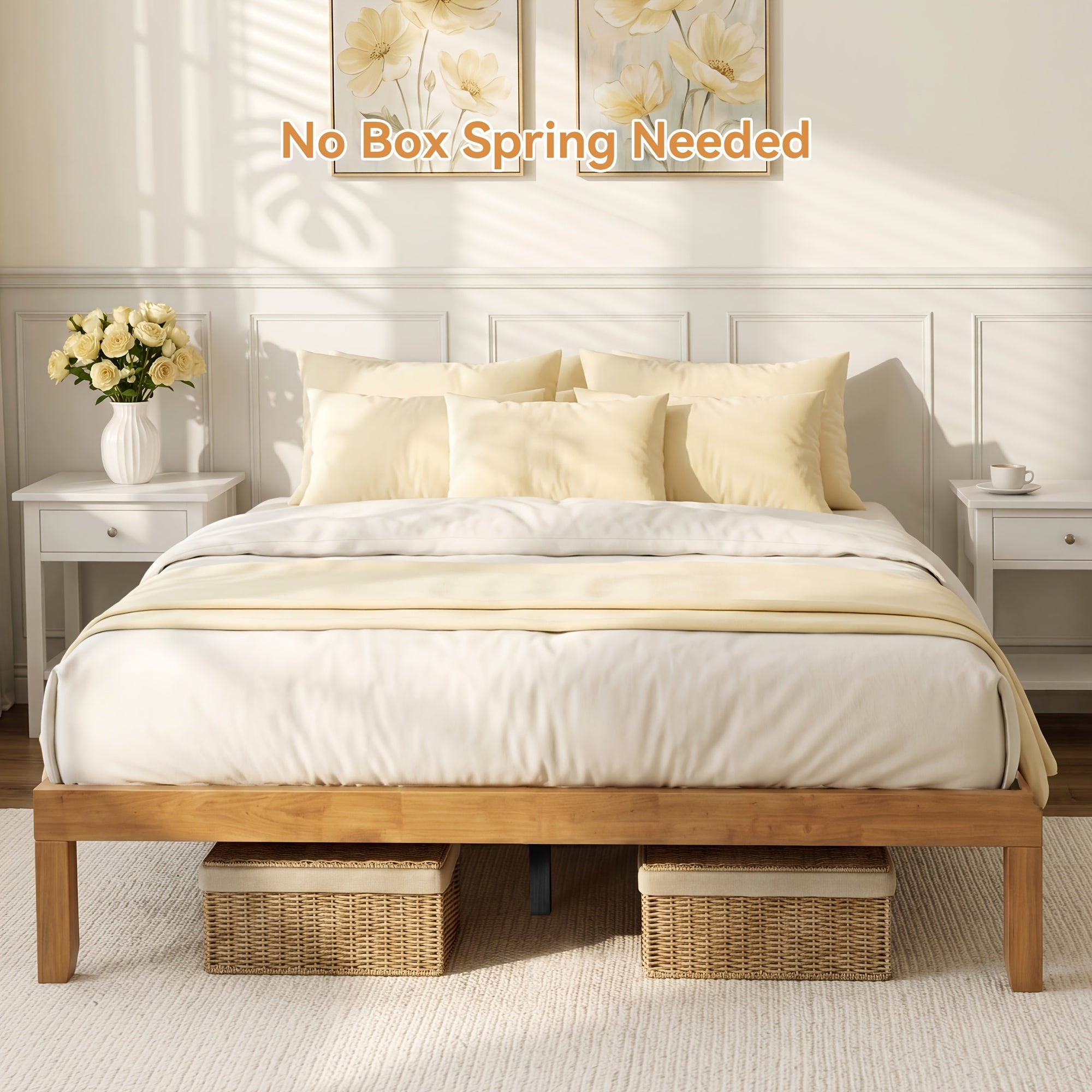 Queen Size Wooden Bed Frame, Vintage Bed Frame with Under Bed Storage Space, No Box Spring Needed, Strong Wooden Slat Support, Easy Assembly Bedroom Furniture, Natural (Queen)