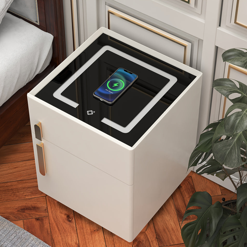 Modern Solid Wood Intelligent Bedside Table With 1 Storage Drawer And 1 Safe, Suitable For Bedrooms, Dormitories, And Offices