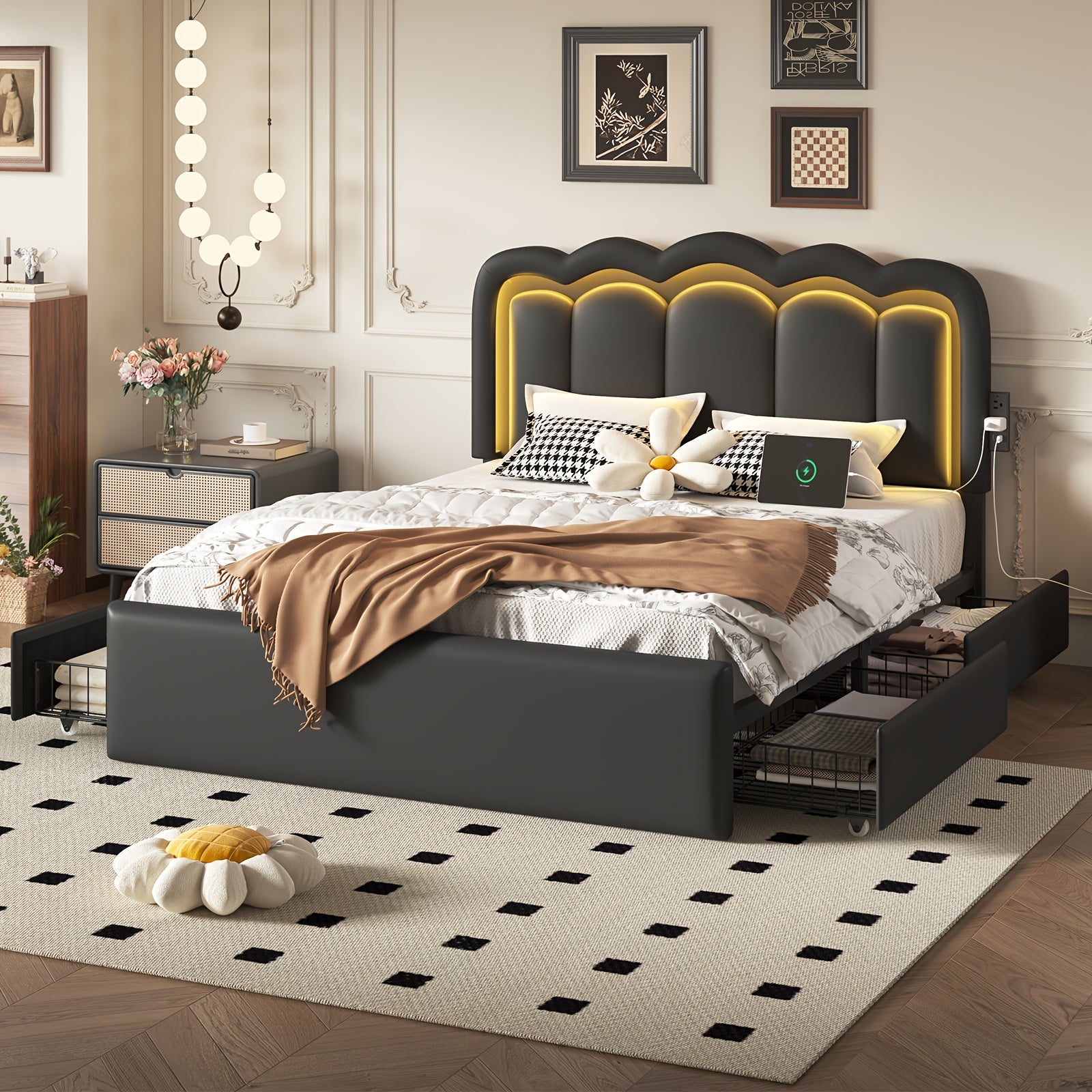 Upholstered Platform Bed Frame with 4 Storage Drawers And Adjustable Headboard, Full\u002FQueen Size Bed Frame with LED Lights And Charging Station, Strong Metal Slats Support, No Box Spring Needed, Easy Assembly, Black\u002FWhite