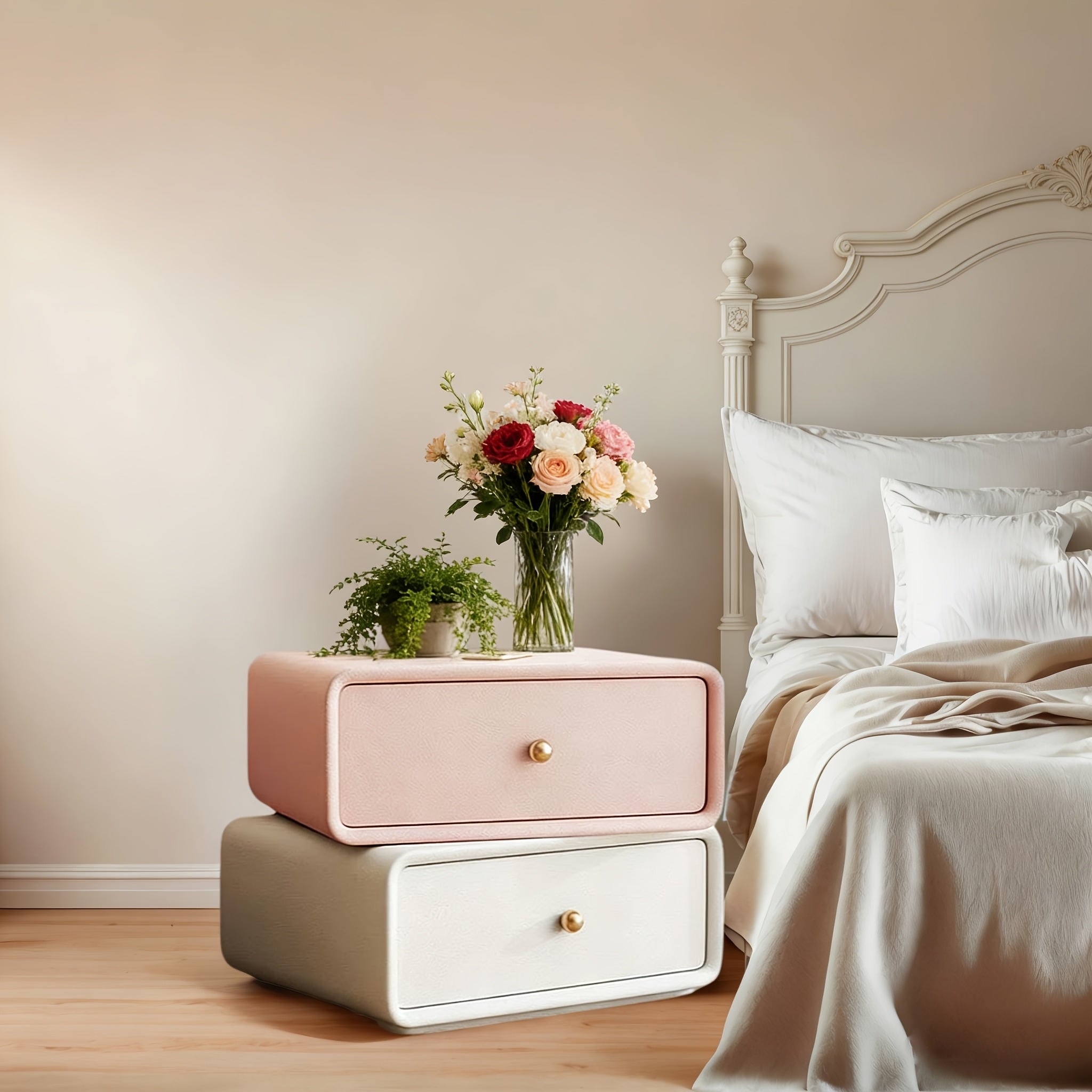 Modern 360° Rotating Nightstand, Leather Top Bedside Table with 2 Drawers, Storage End Table for Bedroom, Living Room, Or Entryway