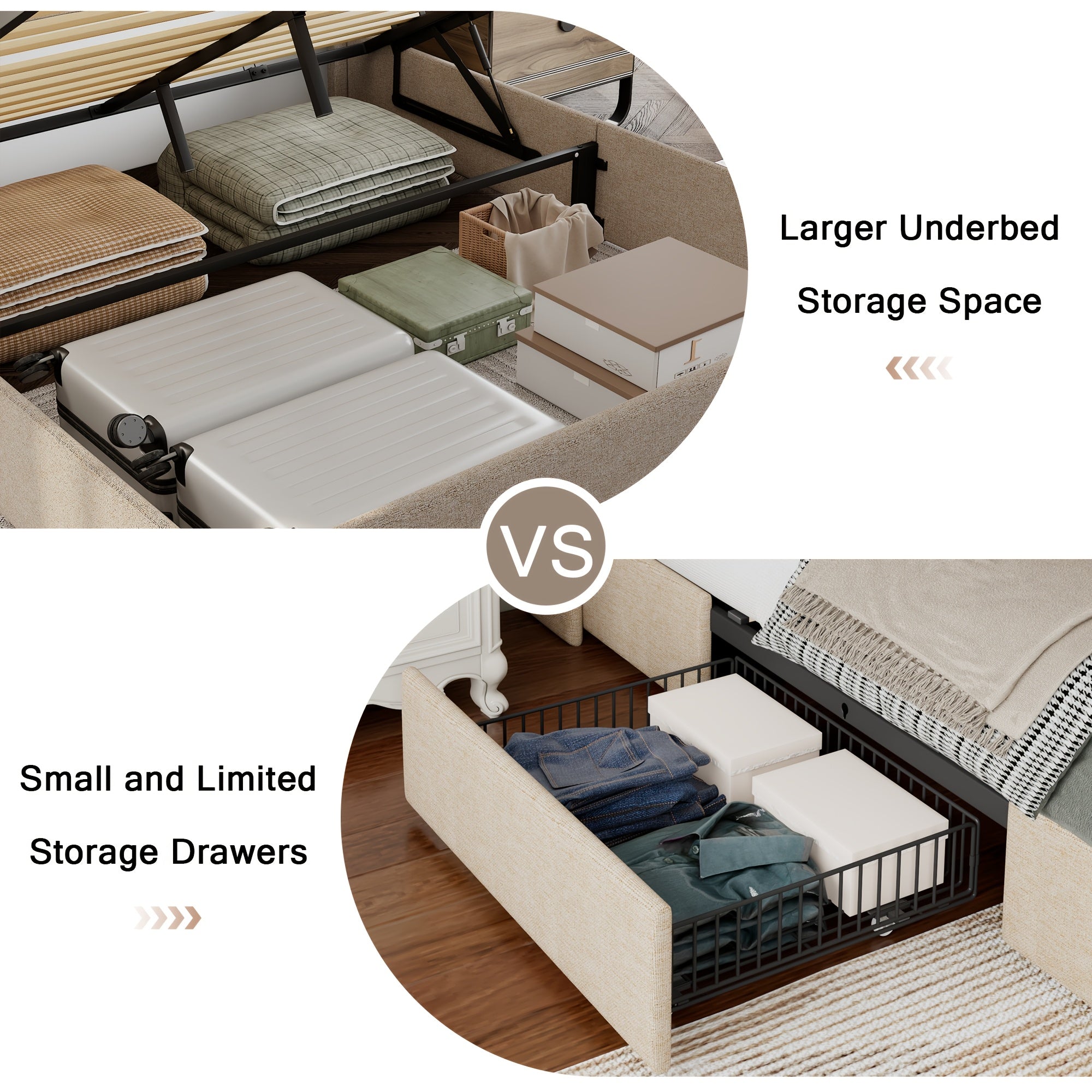 Lift Up Storage Bed Frame with Fast Charging Station & USB & Type-C Ports, Platform Beds with Tufted Wingback Headboard, Solid Wood Slats Support