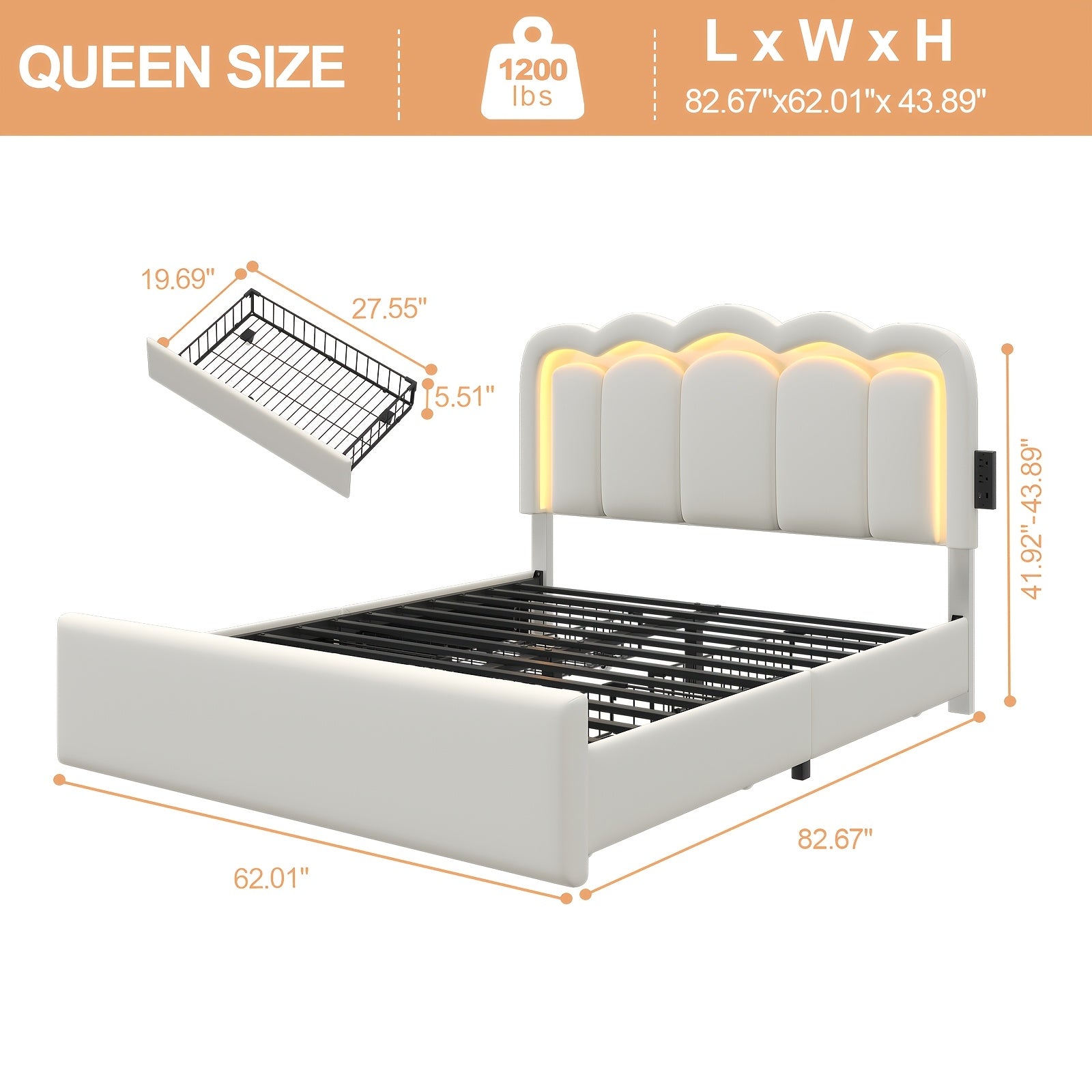Upholstered Platform Bed Frame with 4 Storage Drawers And Adjustable Headboard, Full\u002FQueen Size Bed Frame with LED Lights And Charging Station, Strong Metal Slats Support, No Box Spring Needed, Easy Assembly, Black\u002FWhite