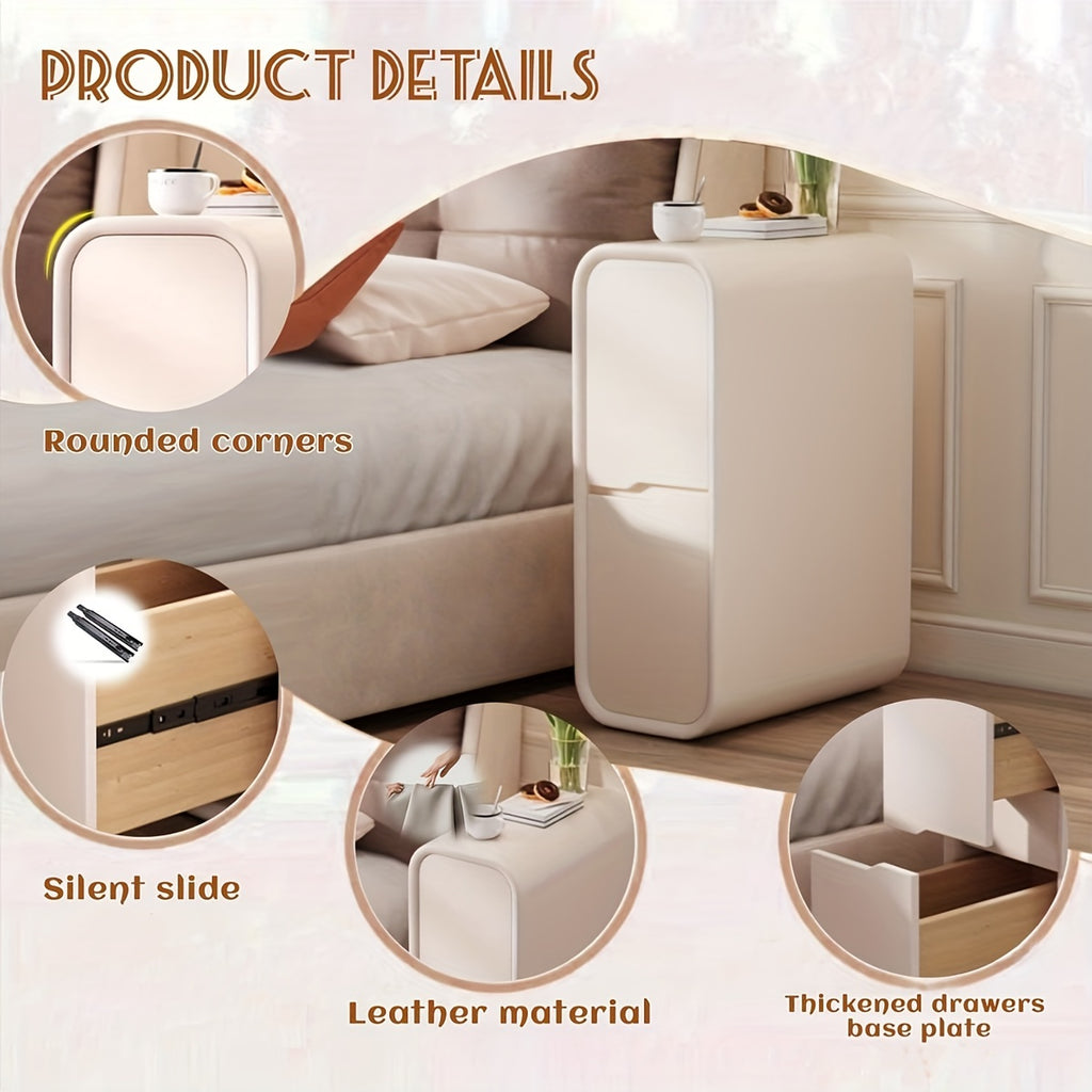 French Style Modern Bedside Table with Solid Wood & Microfiber Leather Wrap - Silent Slide Double Drawer Bed Cabinet, Light \u002F, Space-Saving Design Suitable for Small Bedrooms, No Assembly Required